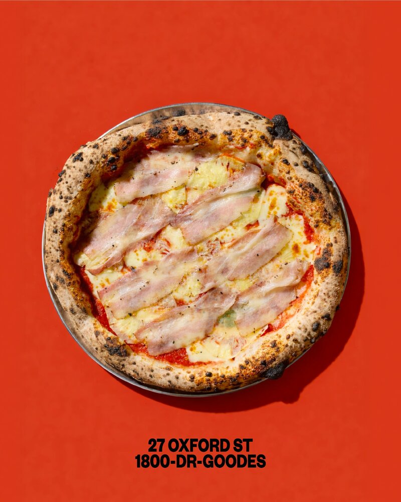 Brick oven pizza fresh from the fire at Dr Goodes